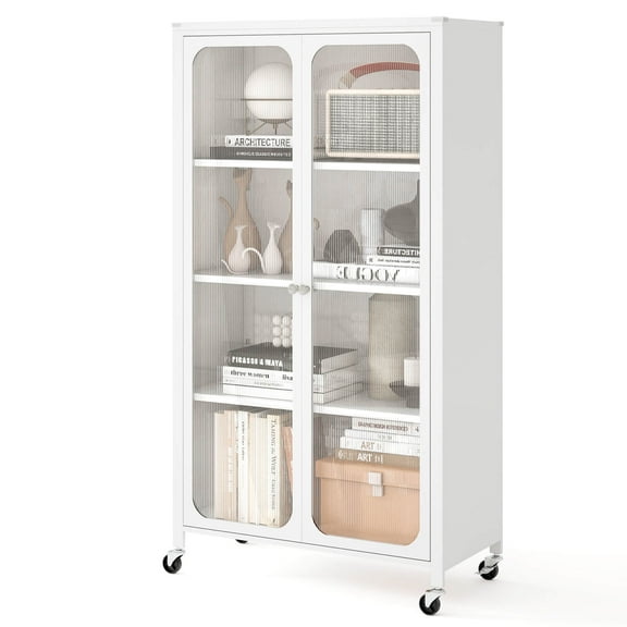 Costway Storage Cabinet with Wheels & 2 Translucent Doors Adjustable Shelves Sideboard 31.5" x 14.5" x 58"