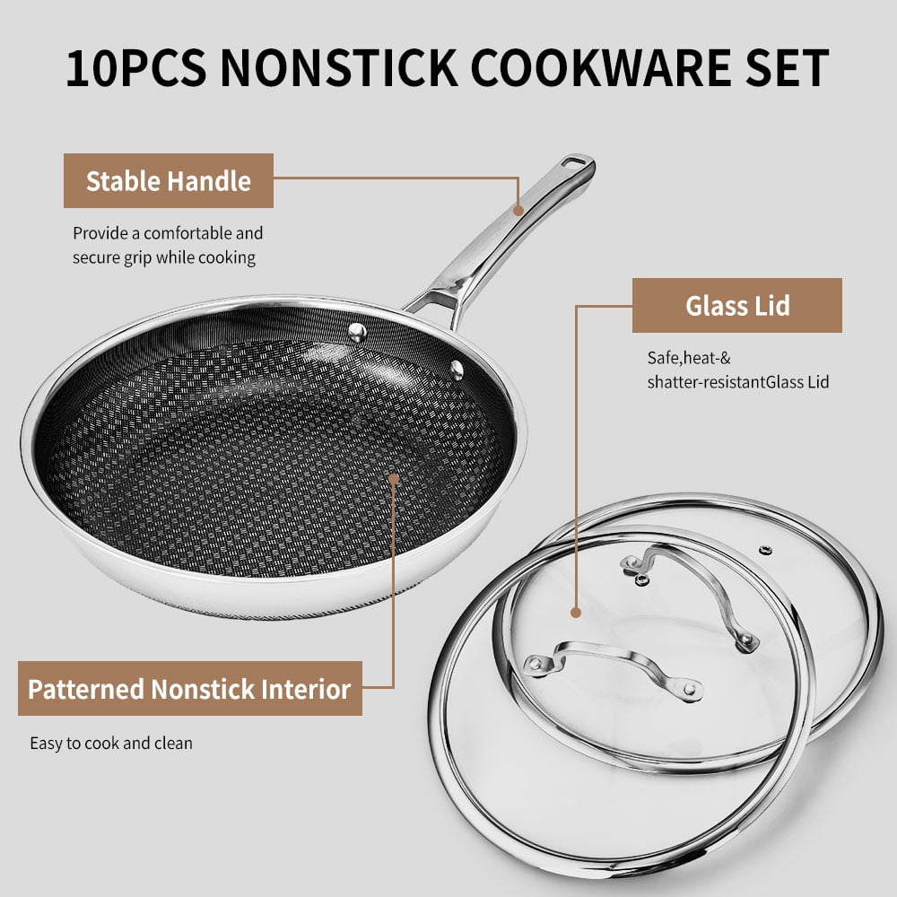 Ktaxon 10-Piece Stainless Steel Non-Stick Cookware Set, 3 Ply Pots and Pans Kitchen Set, Oven Dishwasher Safe, Compatible for Most Cooktops