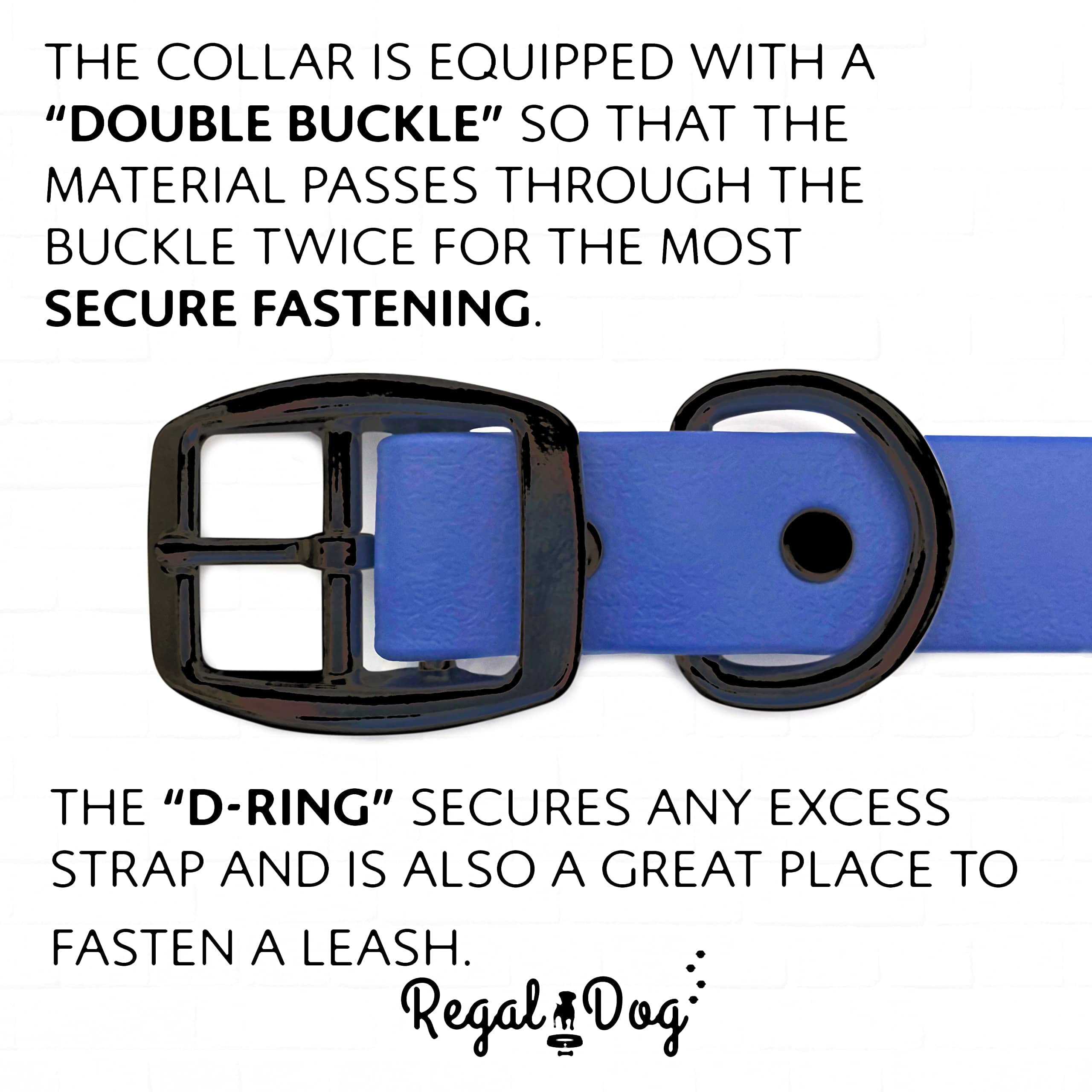 Regal Dog Products Waterproof Collar with Black Hardware - Easy to Clean, Water Resistant, Double Buckle & Center Ring