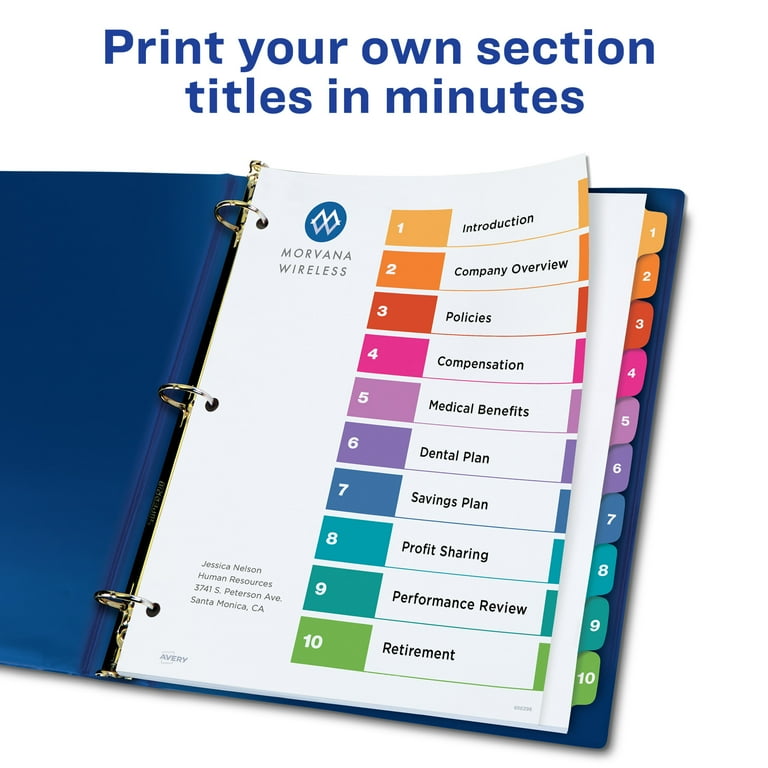 Avery Ready Index 10 Tab Dividers, Customizable TOC, 6 Sets (11188)