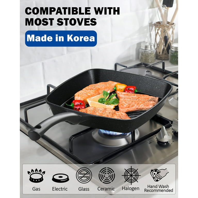 Cook N Home Non-Stick Square Grill Pan 11-Inch for Stove Tops, Made in  Korea Die Cast Aluminum Marble Steak Cookware Fry Pan, Black