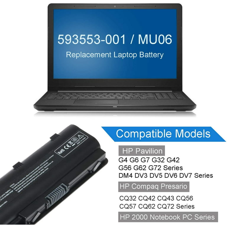 generelt Føde Anzai 593553-001 593554-001 MU06 MU09 Extended Laptop Battery for HP Pavilion G6  G7 G62 G72 G4 / 2000 Notebook PC / DV6 DV7 DM4 / Compaq Presario CQ32 CQ42  CQ43 CQ56 CQ57 CQ62