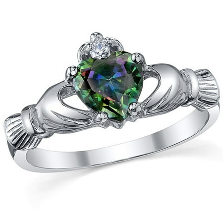Rainbow Mystic Topaz Heart - Sterling Silver 925 Irish Claddagh Friendship & Love Mystic Rainbow Simulated Topaz Color Heart Cubic Zirconia Ring