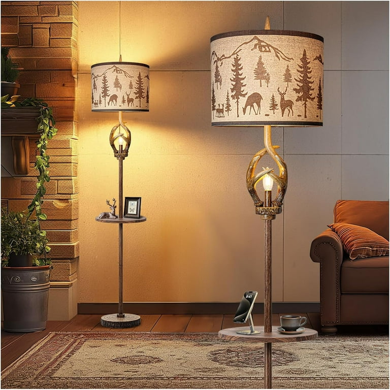 Antlers Style Metal Tray Floor Lamp with Night Light Rustic Standing Lamp with Linen Fabric Shade Farmhouse Vintage Floor Lamp Decor for Living Room