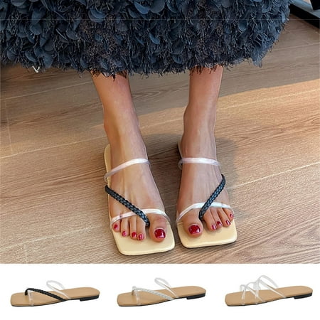 

Cethrio Womens Summer Comfort Flats Sandals- Flat Beach Slides Sandal Wide Width on Clearance Clear Dressy Sandals/ Slides Size 6.5