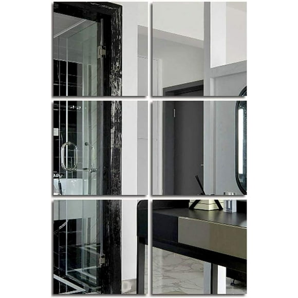 Interior Decoration Glass Mirror Tiles, Acrylic Self Adhesive Gym Mirrors For Full Length Mirror Tiles, Set Of 6, Silver, 20X20Cm, High Definition Imaging With Protective Film