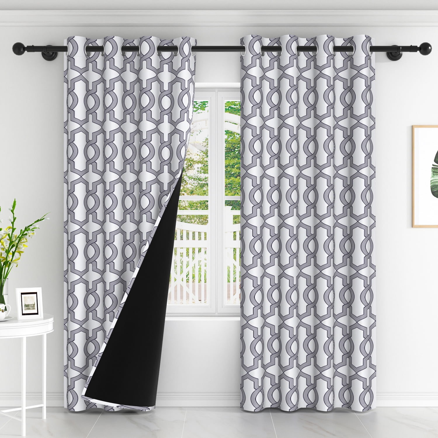 Lfeey Blackout Curtains for Bedroom, Plaid Black Geometric Pattern Curtains with Top Grommets, 42"x63", 2 Panels