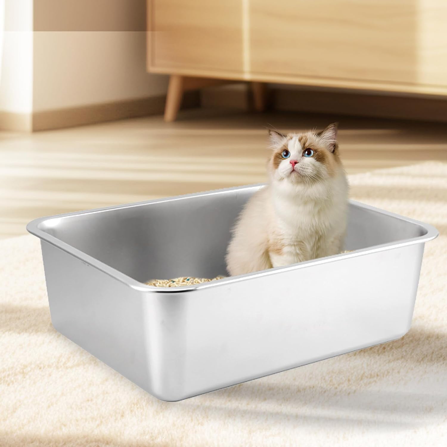Stainless Steel Cat Litter Box, Large Metal Litter Tray, Never Absorbs Odors,Stain Free, Rustproof, Non Stick Smooth Surface  23.6"L x 15.7"W x 6"H