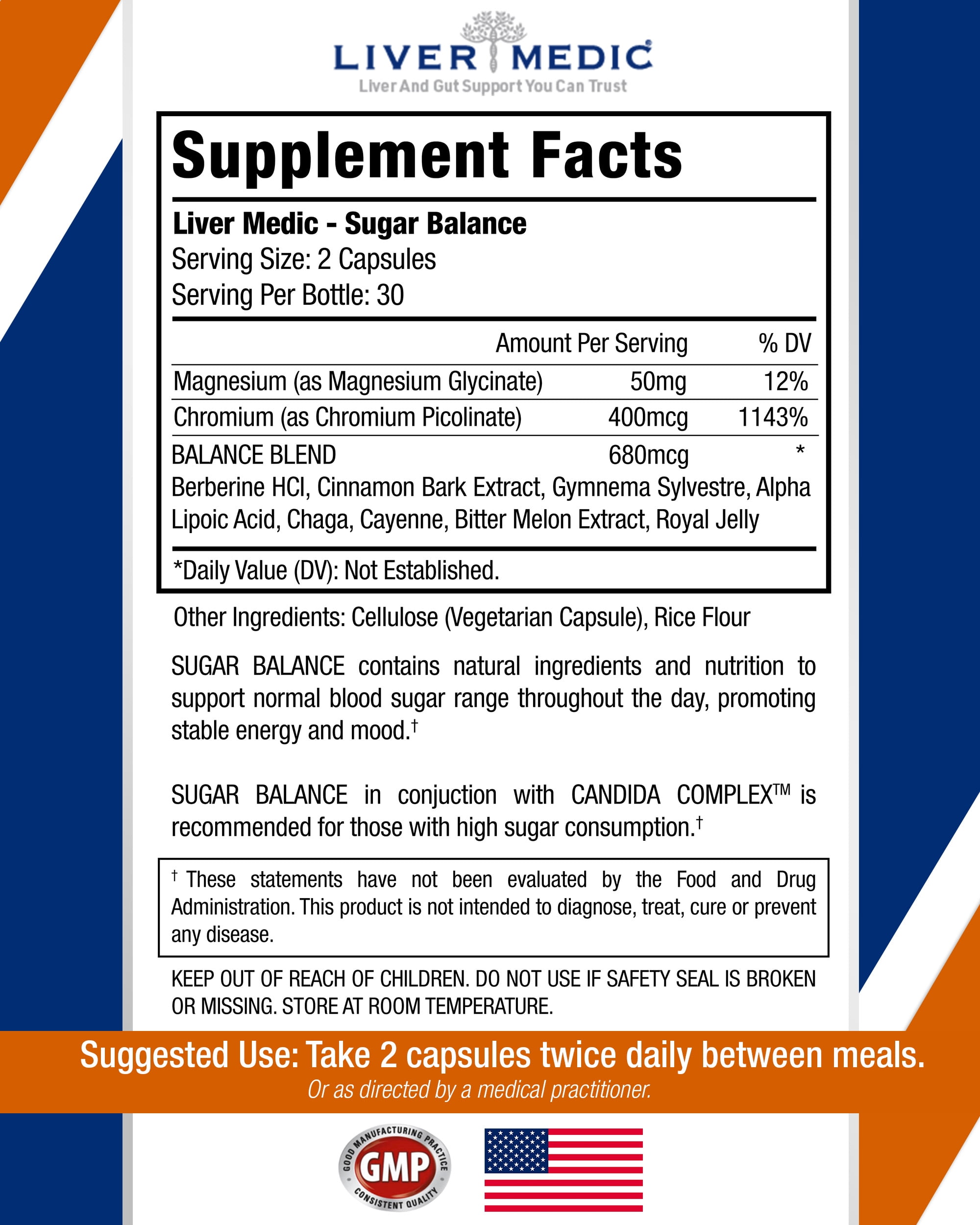 Liver Medic Blood Sugar Complex Supplement Supports Healthy Normal Energy Levels All Natural with Berberine, Cinnamon, Bitter Melon, Chromium, Magnesium, Alpha Lipoic Acid, NonGMO, 60 Capsules