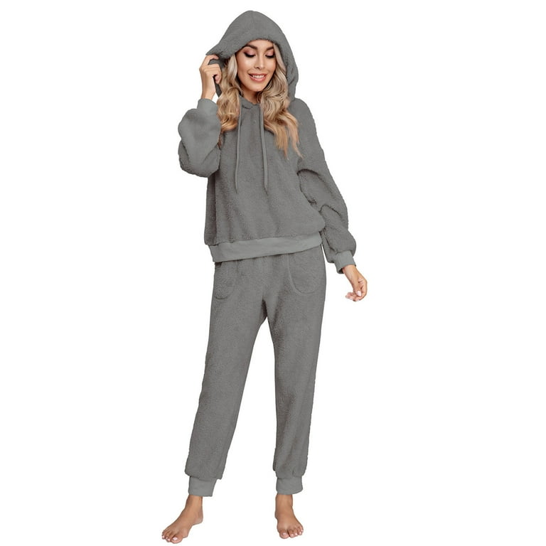 Womens Fuzzy Sherpa Fleece Pajamas Set Long Sleeve Hoodies Pajama Pants  Cozy 2 Piece Outfits Loungewear Sleepwear 