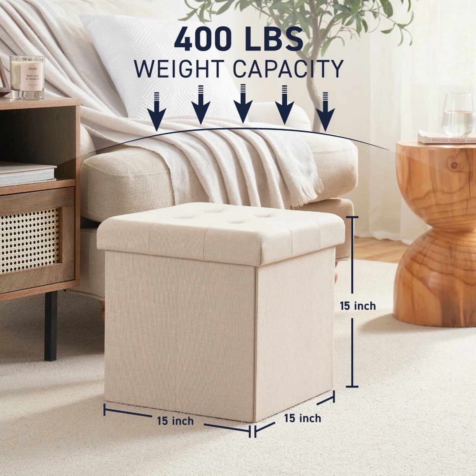 Ornavo Home 2 Pack 15 Inch Folding Storage Ottoman with Storage, Square Cube Linen Small Storage Ottoman Foot Rest Stool - Beige