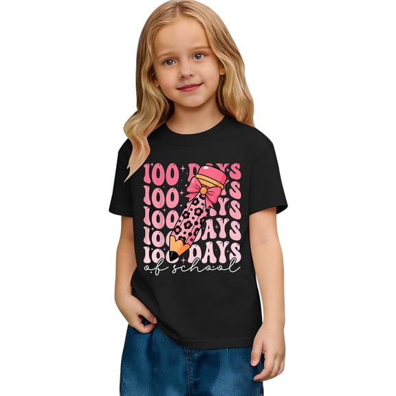Girls 100 Days of School Shirts Trendy Short Sleeve Shirts T Shirt for Girls 3T Casual Loose Fit Basic Cotton Tops Summer Shirts Size 6-7 Years,Black