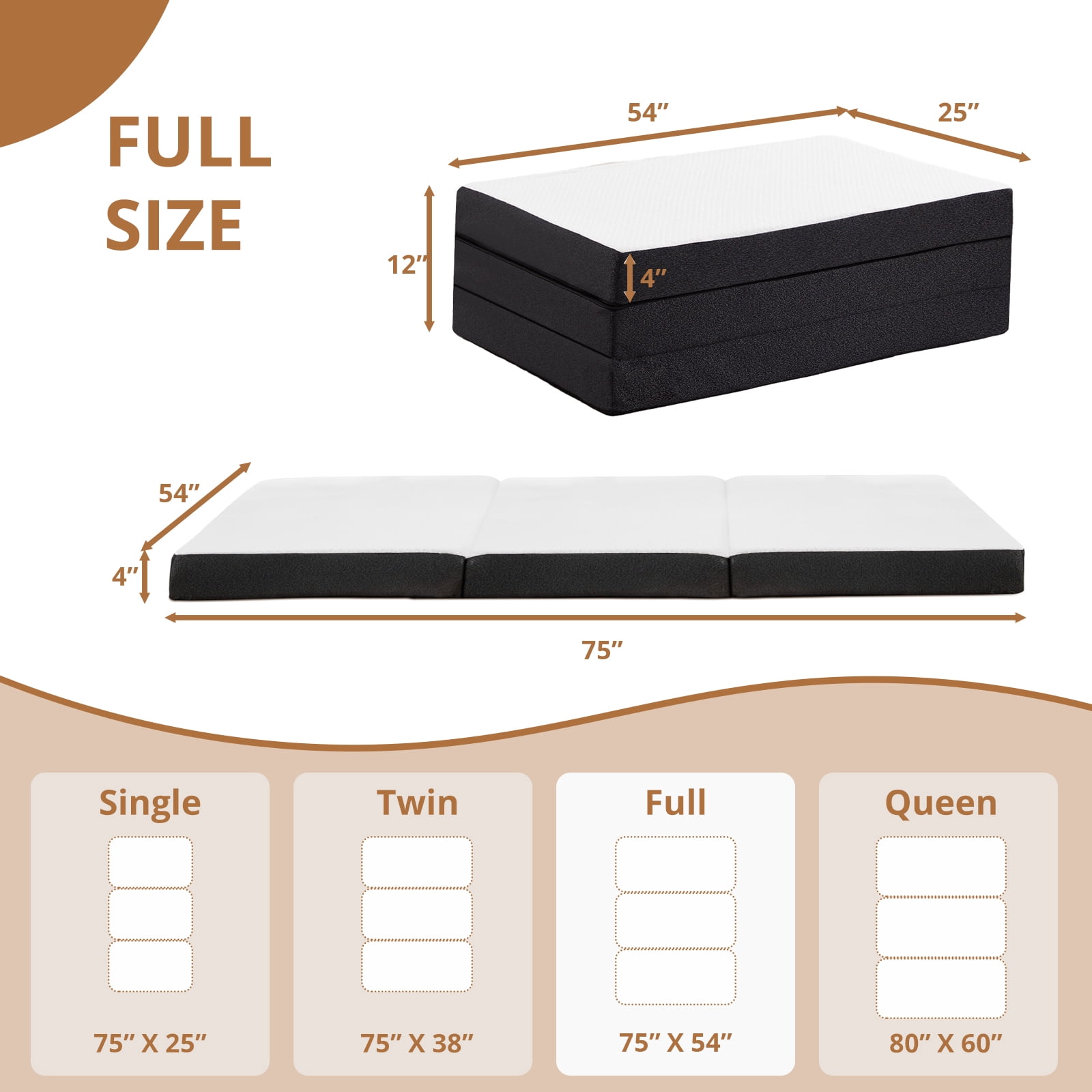 Atilioo 4 inch Tri Folding Memory Foam Mattress with Removable and Washable Cover, Portable Mattress for Guest Bed, RV, Camping, Full Size