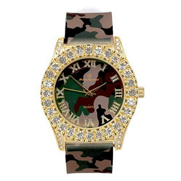 Mens Silver Big Rocks with Roman Numerals Fully Iced Out Colorful Dial Watch - ST10327 RN Single (ST10357 Gold Camo)