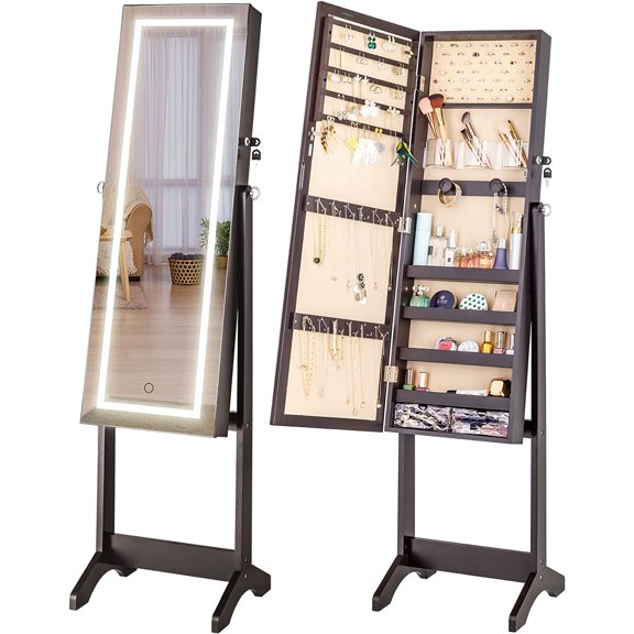 Luxfurni LED Light Jewelry Cabinet Standing Large Cosmetic Armoire Brown