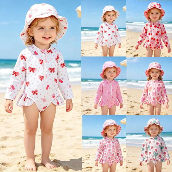 Infant Girl Swimsuit Ruffled One Piece Bathing Suit with Hats Summer 12M-4T Swimsuit for Girls Long Sleeve Piece Swimsuit With Hat Baby Toddler