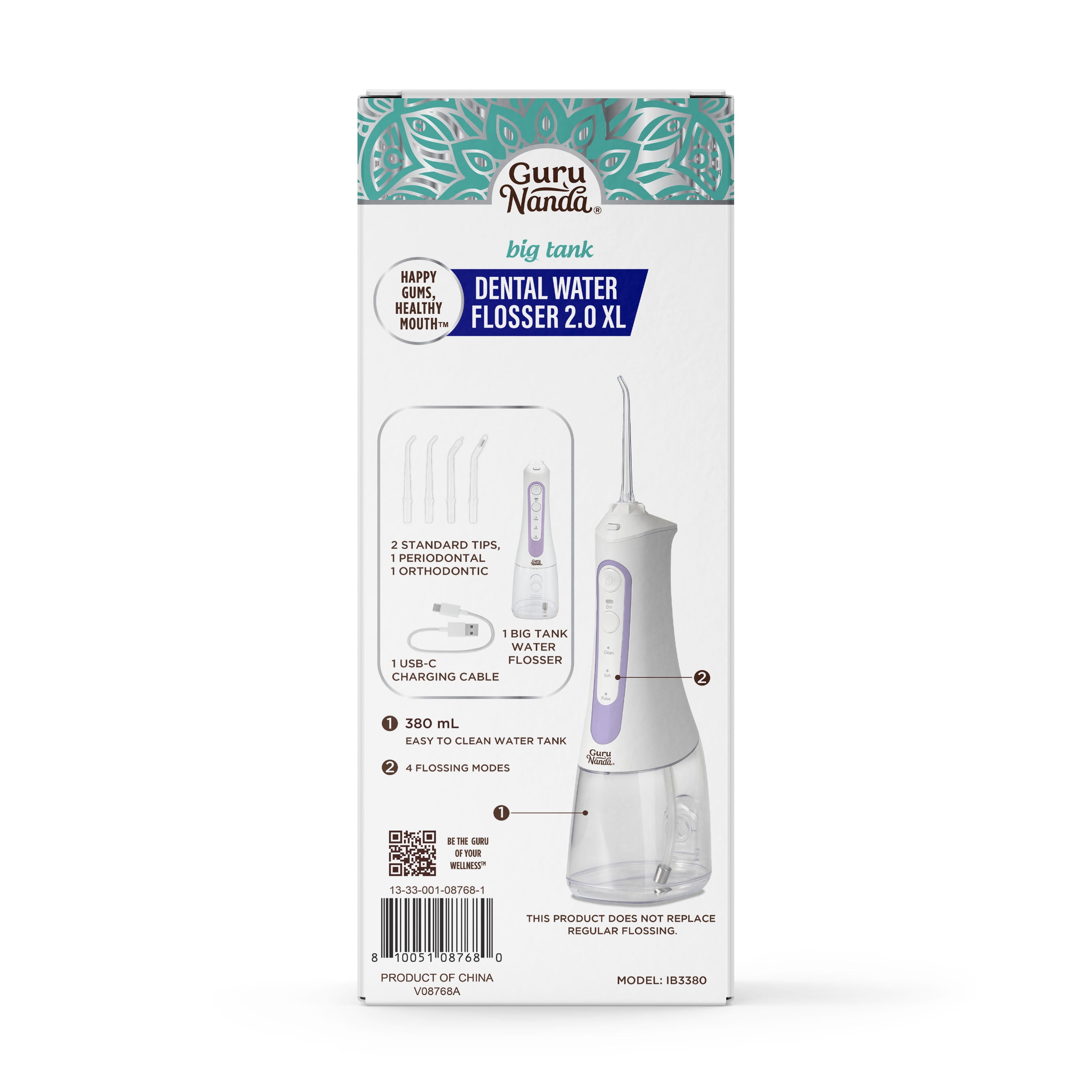 GuruNanda Cordless Water Flosser 2.0 XL – 380ML Tank, 4 Modes, Rechargeable, Smart Timer for Deep Cleaning & Happy Gums – Lavender