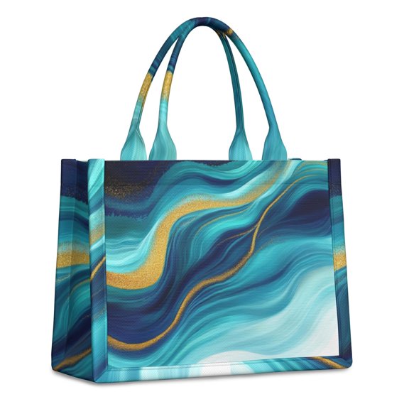 Large Capacity Tote Bag,Blue and Gold Marble Shimmer Streaks Pattern Handbag Fashion Luxury Tote Bag,15.7"x13"x 5.1" Inches,Laptop Compatible