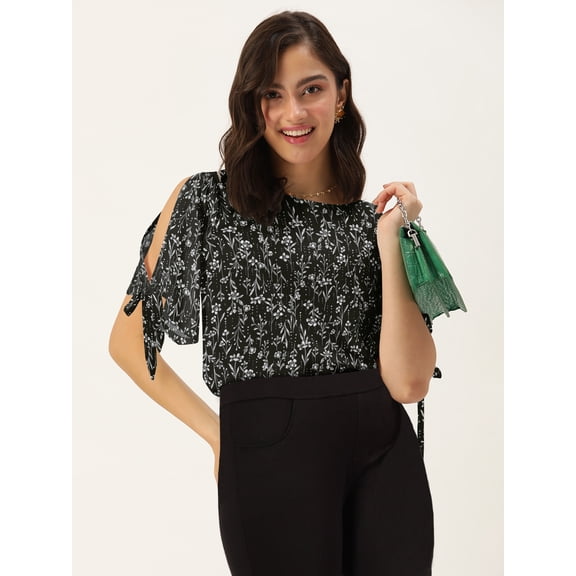 DressBerry Women's Rayon Slub Round Neck Top Casual Summer Knot Cuff Split Sleeves Printed Cold Shoulders Western Style High Waist Light Weighted Blouse