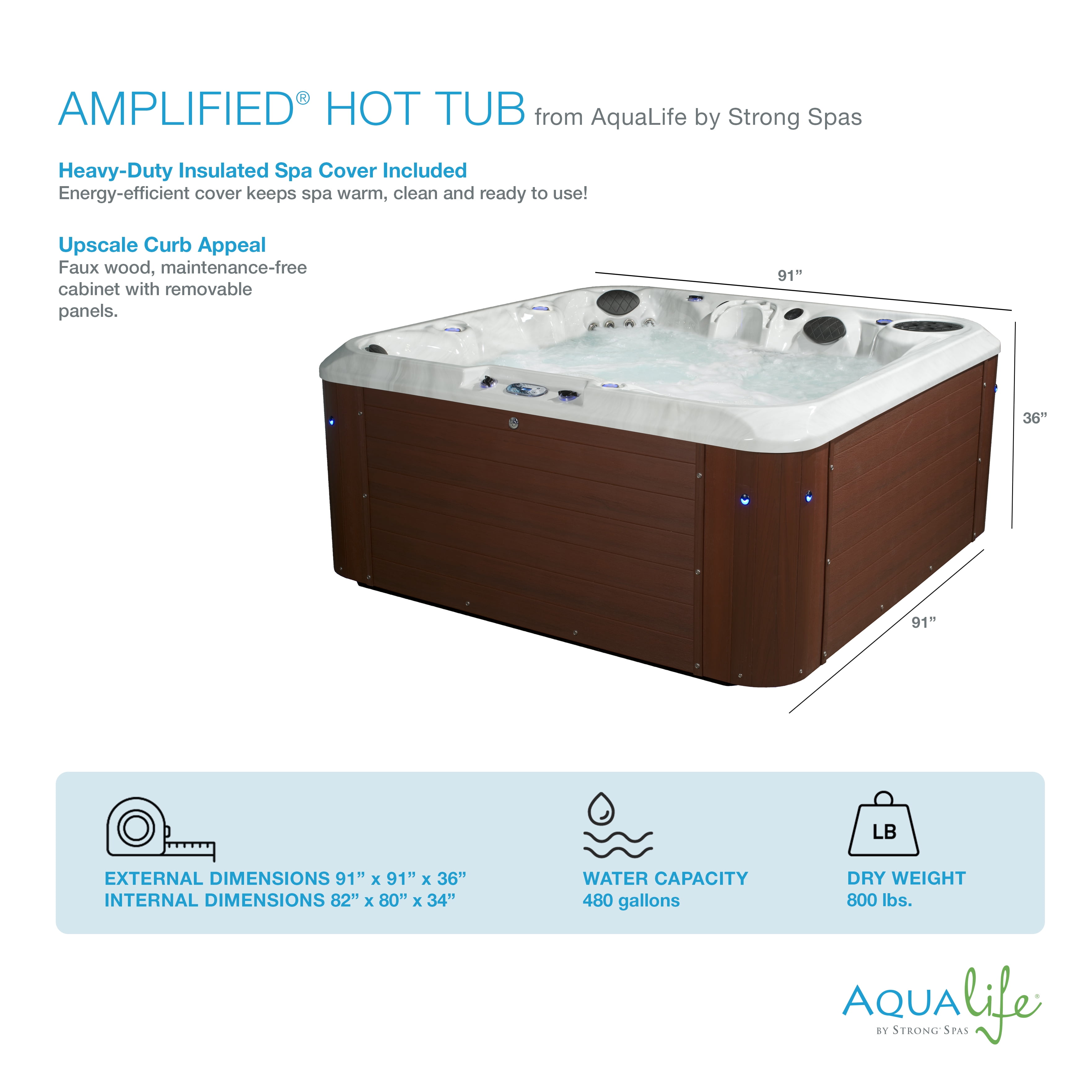 Aqualife by Strong Spas Amplified 6 Person Double-Lounger Spa w/Bluetooth, Redwood