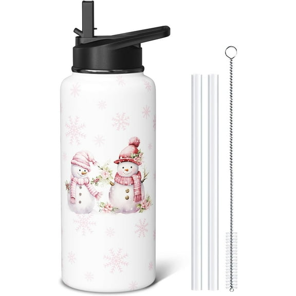 Christmas White Snowman 32oz Sport Water Bottles with Flip Straw & Spout Lid, Xmas Snowflake Stainless Steel Travel Cup, Winter Holiday Gifts for Women Girls (1 PC)