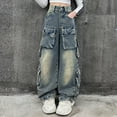 thumbnail image 2 of Hessimy Girls Cargo Pants Size 10-12 High Waist Parachute Pants Casual Straight Streetwear Heart Embroidered Denim Pants Teen Girl Trendy Clothes (Blue,9-10Y), 2 of 9