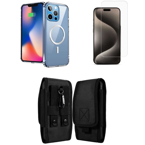Bemz Phone Case for iPhone 15 Pro Max with Magnetic Charging Slim Shock Absorbent Silicone Cover, Screen Protector, Vertical Rugged Nylon Secure Belt Holster Clip Pouch (Clear)