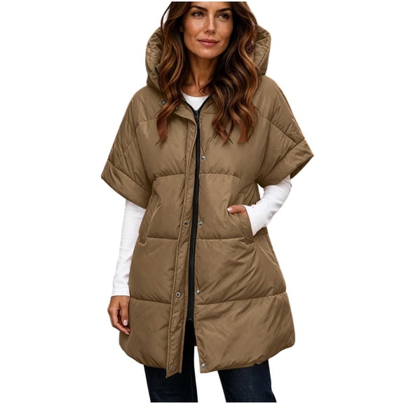 Floleo Women's Longline Hooded Puffer Vest Half Sleeve Snap Button Zip Up Quilted Lightweight Winter Coat Casual Everyday Outerwear Top