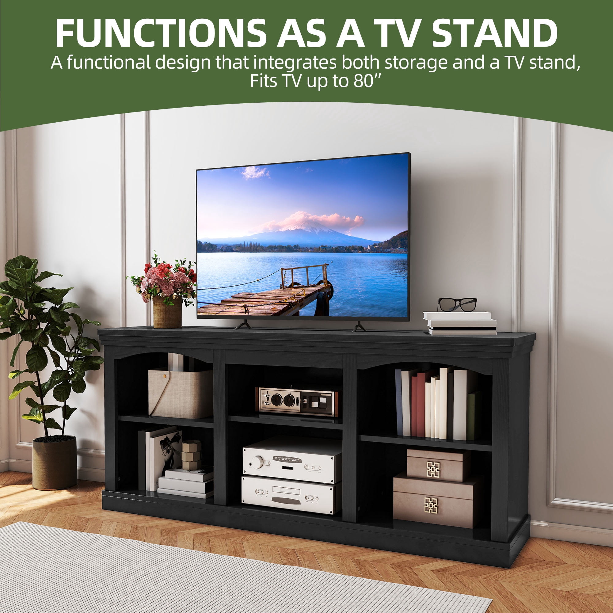 Uforic TV Stand for 80 Inches TV, Farmhouse Entertainment Center with Adjustable Shelf & Storage Cabinets, Black