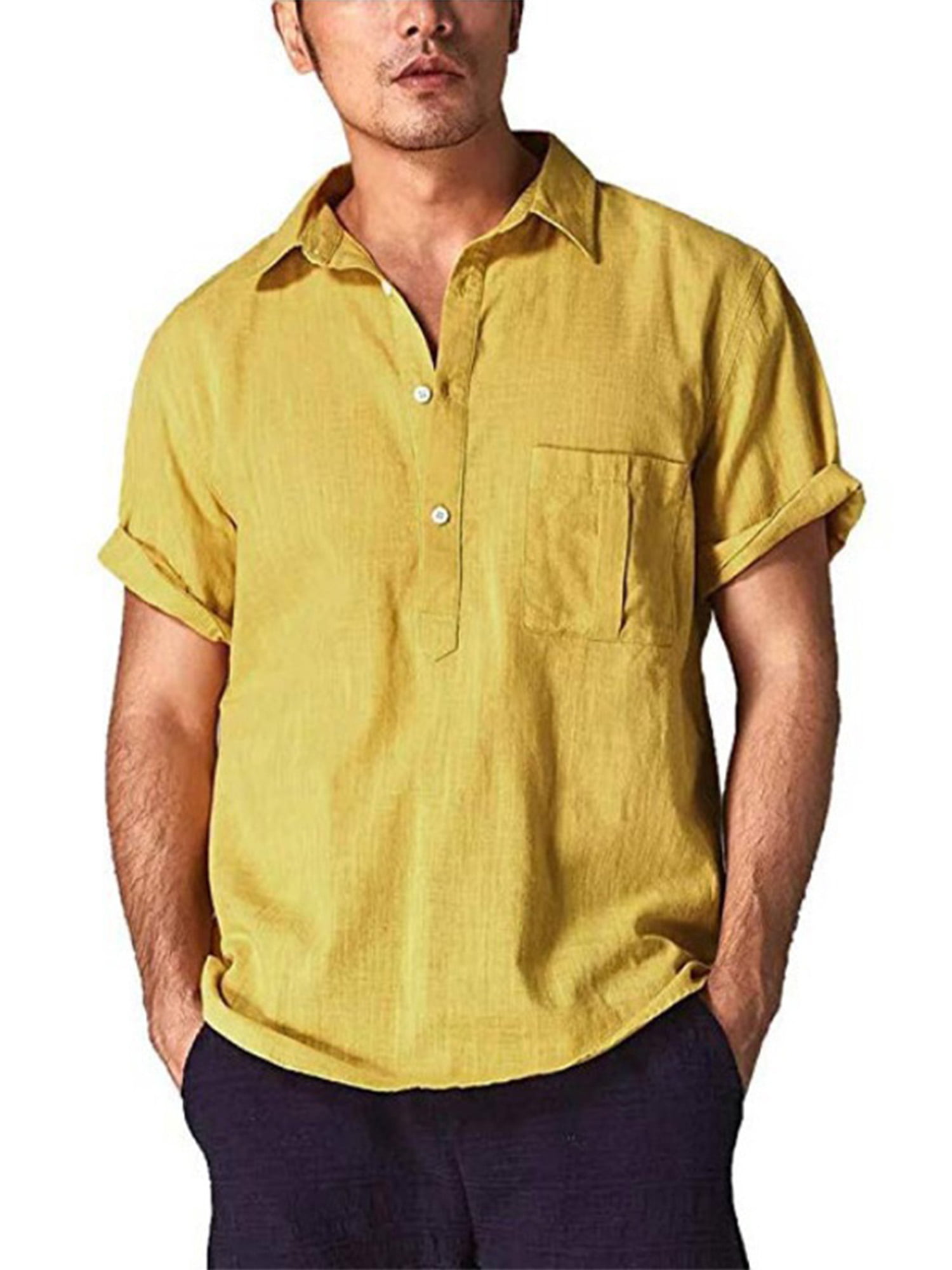 Shirts for Men Summer Baggy Cotton Linen T-Shirts Casual Solid Color Short Sleeve Button T Shirts Retro Top