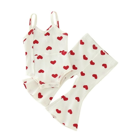 

Zlekejiko Toddler Valentine s Day Girls Love Belt Printed Romper Bodysuit Bell Bottoms 2pcs Outfits