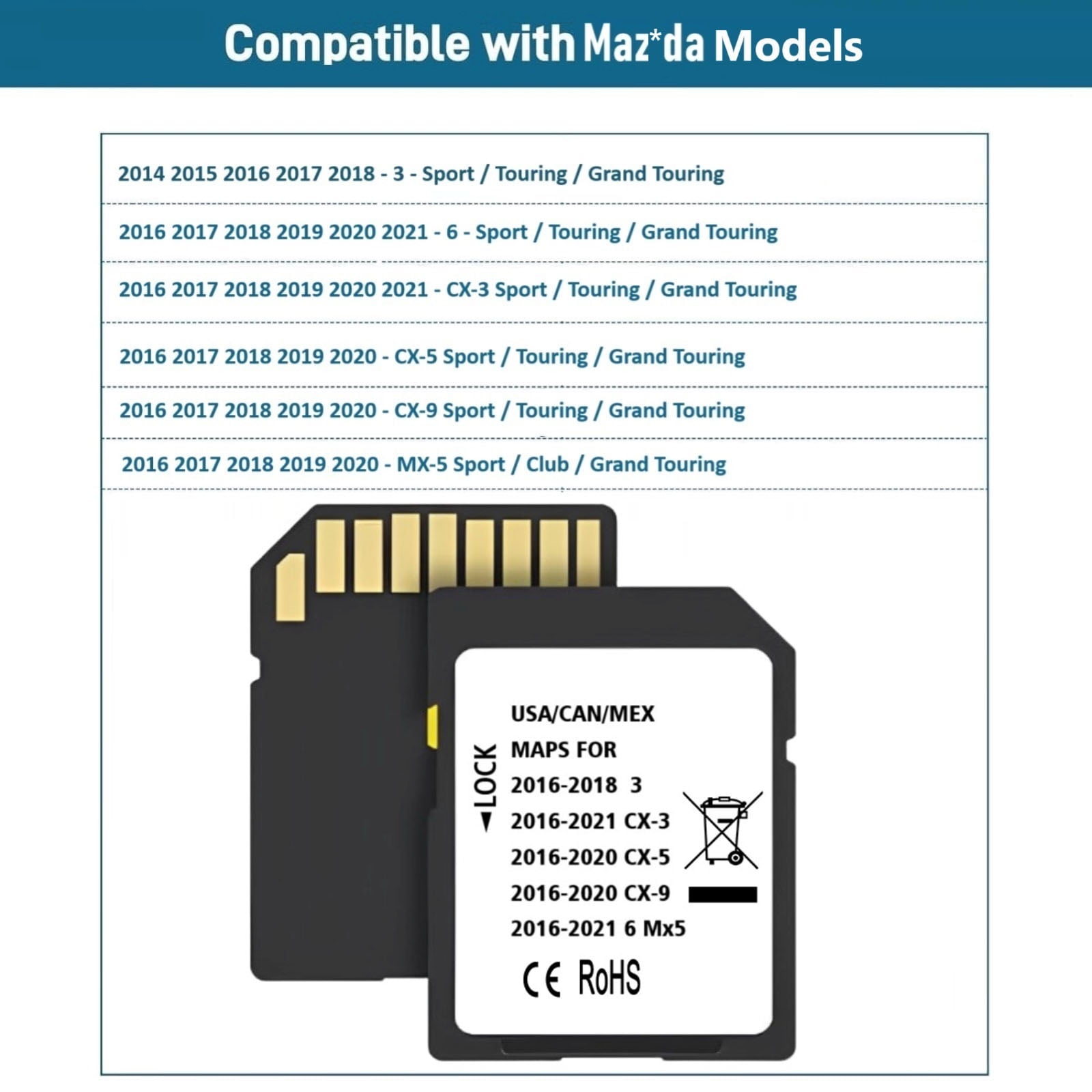 Latest Navigation SD Card, Compatible with MAZD (2016-21)-Cx3. (2016-20)-Cx5. (2016-20)-Cx9. (2016-22)-Mx5. (2016-18)-3. (2016-22)-6, Can/Mex/USA Maps