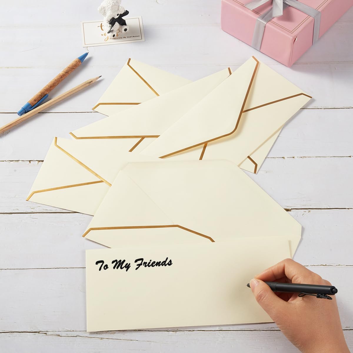 50 Pack #10 Business Envelopes with Gold Border, Self Seal Standard Envelopes with Gold Stickers for Office, Checks, Letter Mailing, Invoices, 4 1/8 x 9 1/2 Inches (Cream Color)