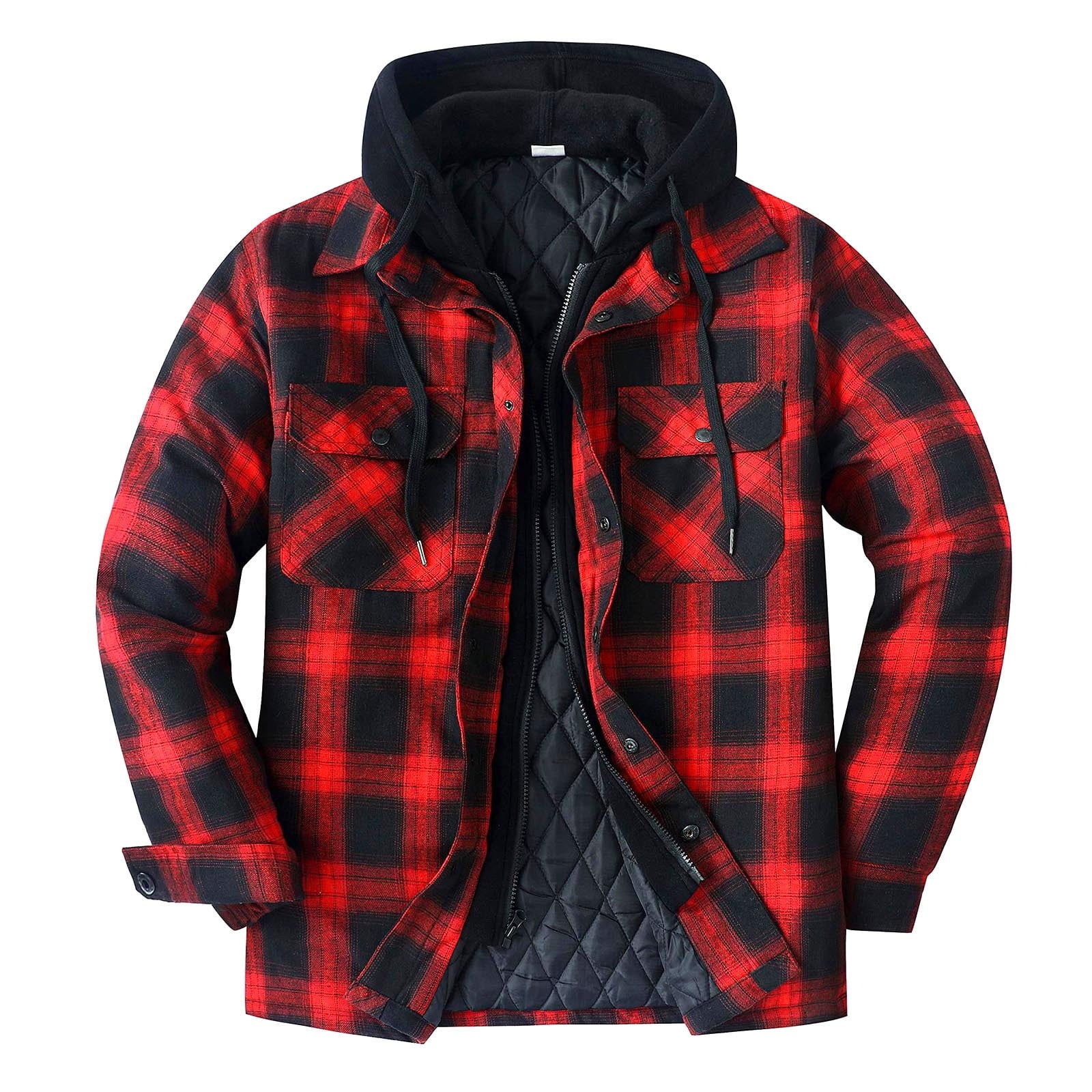 BiZtdJrK Mens Quilted Lined Button Down Hoodies Christmas Plaid Full Zip Shirt Jacket with Hood Warm Winter Coats, Red, XXL