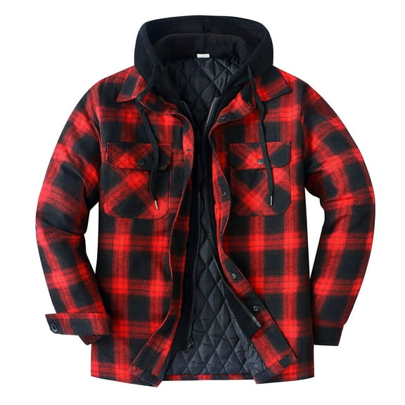 Pejock Men's Winter Jacket Hooded Plaid Coat with Button and Zipper Closure, Long Sleeve Casual Outerwear with Pockets, Polyester Cold Weather