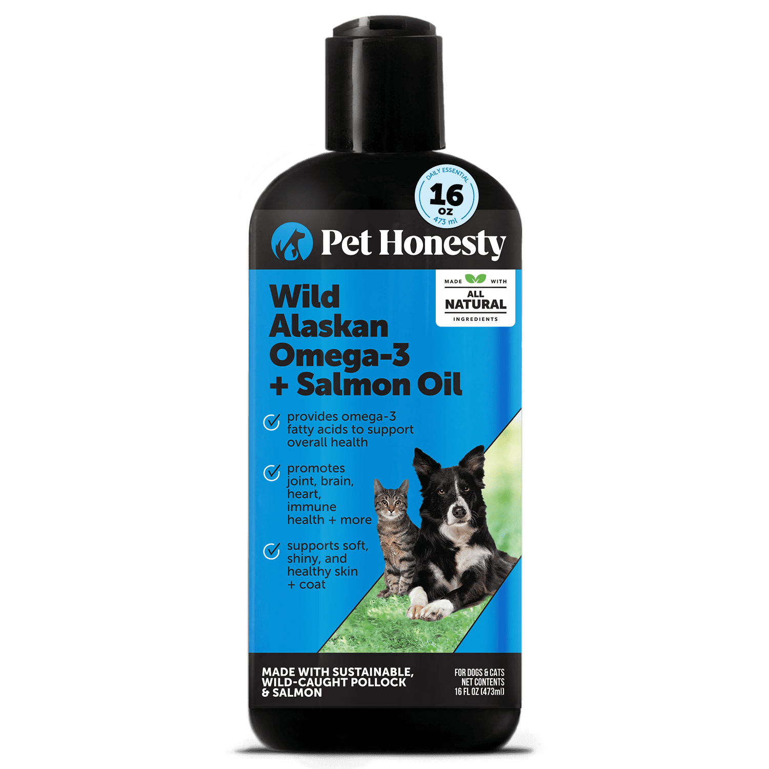 Pet Honesty Wild Caught Pollack and Cod Omega-3 Fish Oil for Dogs and Cats, Supports Skin. Coat, and Joints, 16 Ounces