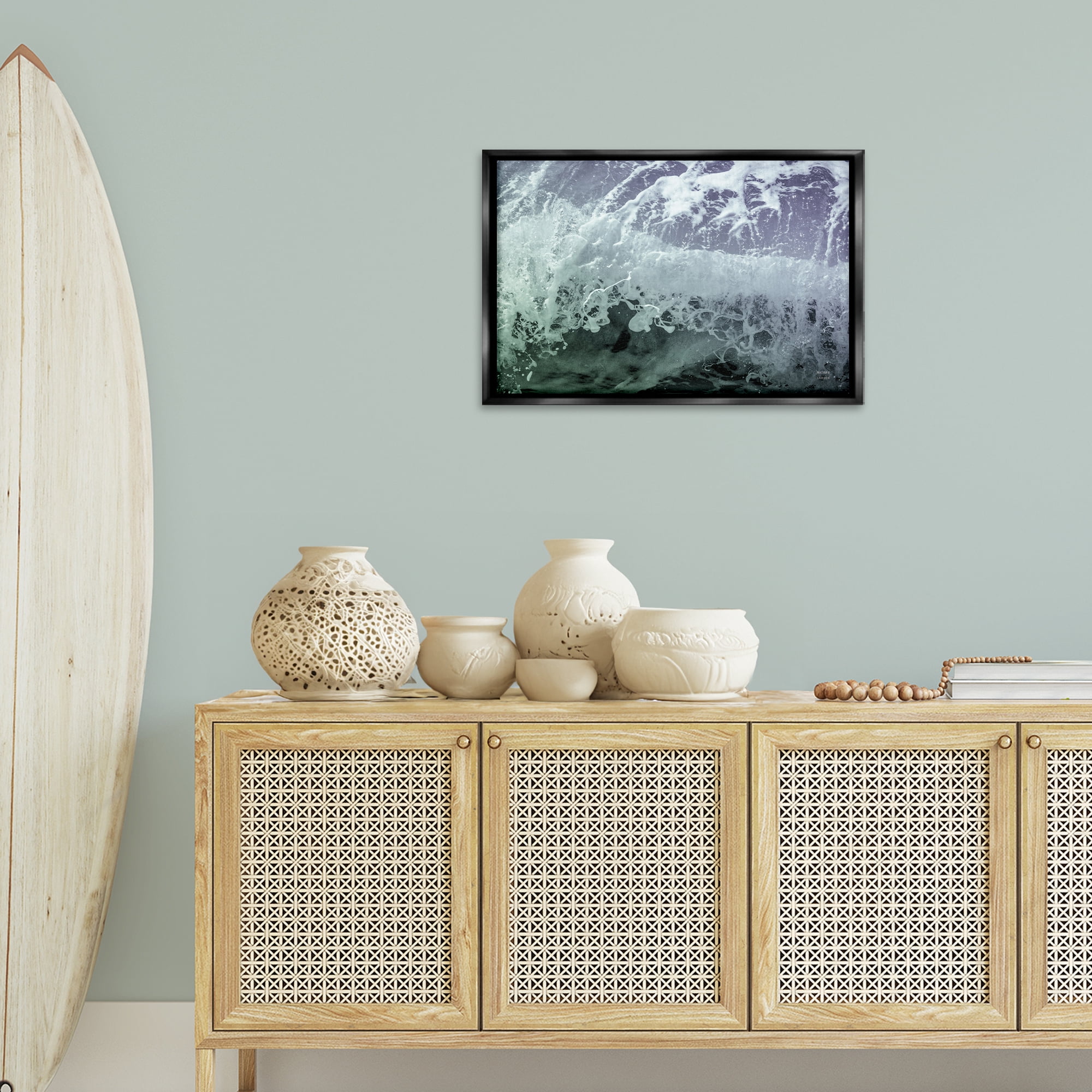 Stupell Industries Splashing Blue Waves Landscape Photography Black Floater Framed Canvas Art Print Wall Art, 25 x 17