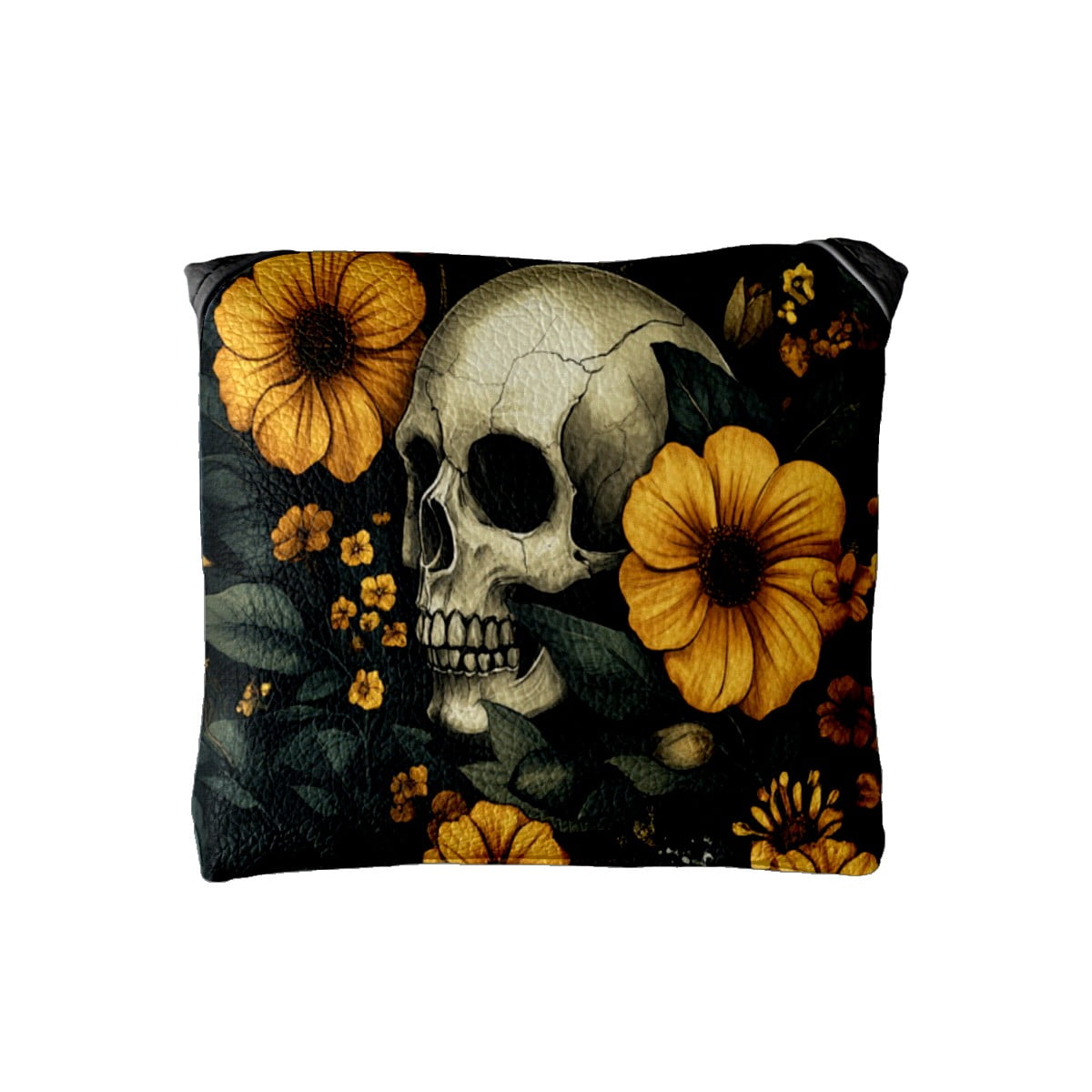 Golf Mallet Putter Cover Premium Leather Waterproof Golf Putter Head Cover with Magnetic Closure Yellow Flowers And Skulls