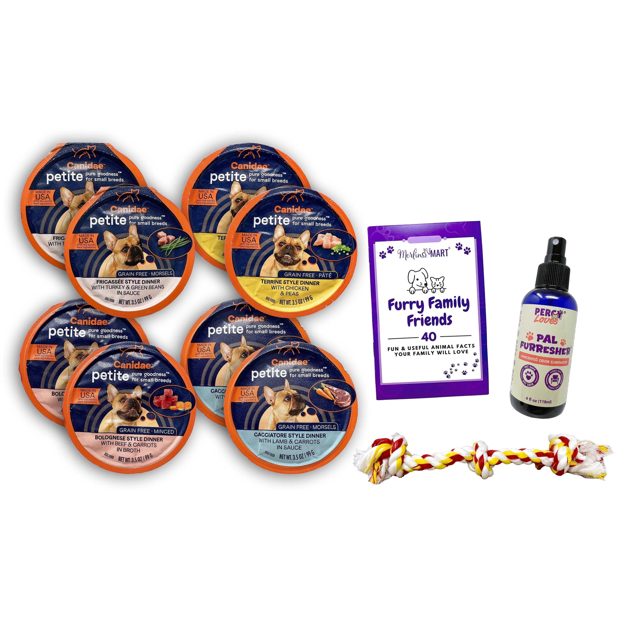Canidae Petite Small Breed Wet Dog Food Morsels Variety 8-Pack with Toy, Odor Eliminating Spray, MerlinsMart Zine