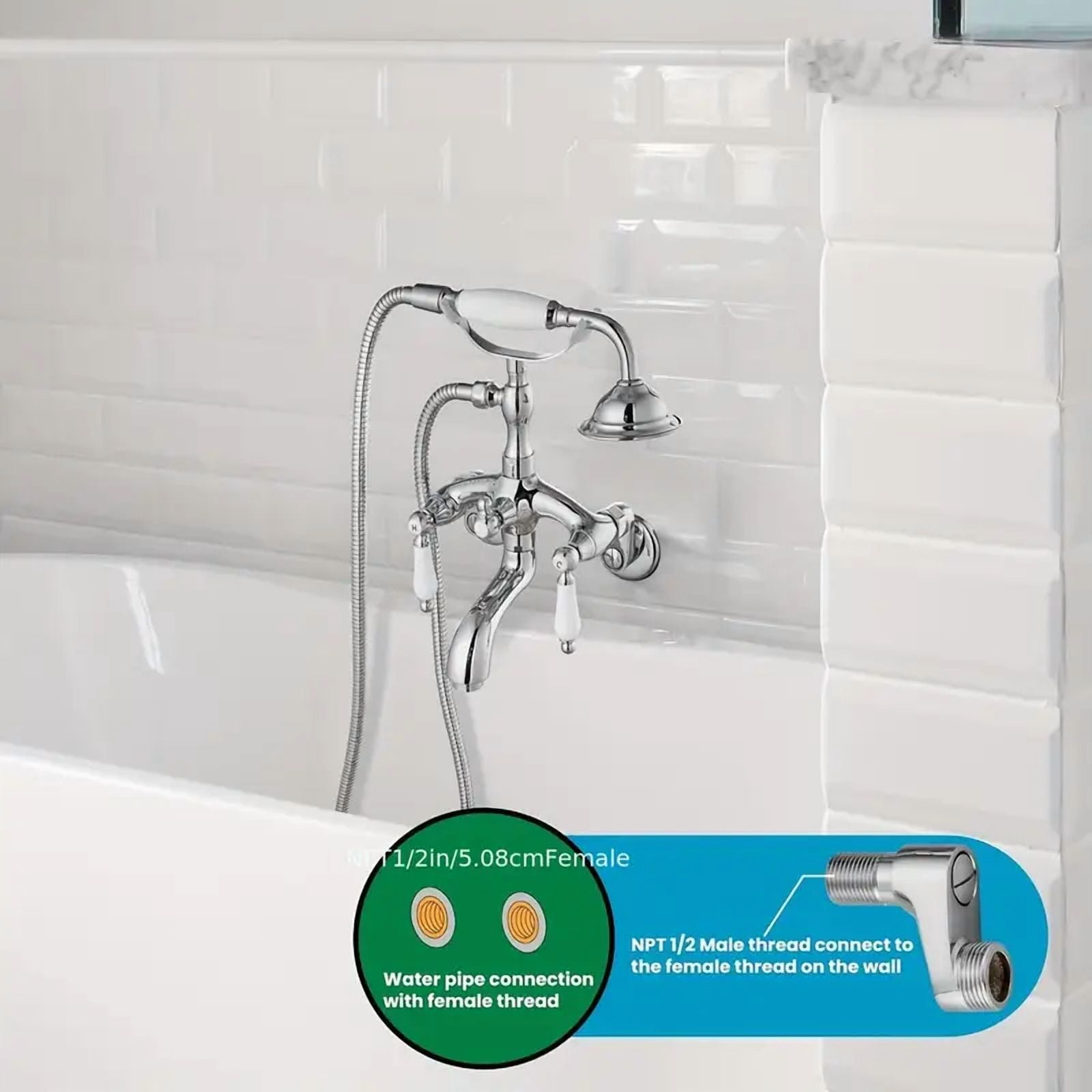Chrome Clawfoot Tub Faucet Wall Mount Bathtub Faucet Set with Handheld Shower