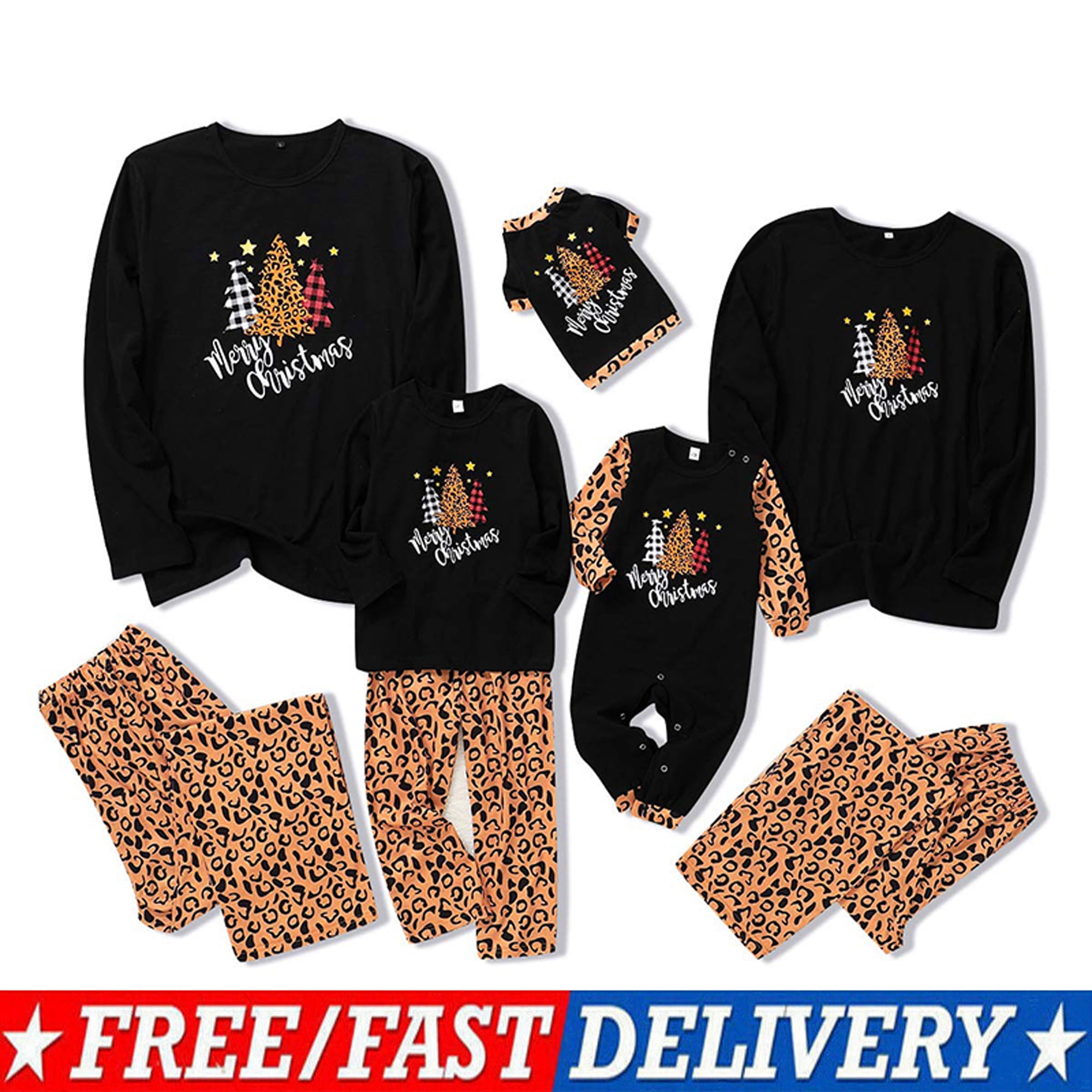 Matching Family Pajamas Sets Holiday Merry Christmas PJ's with Letter Printed Tee and Leopard Printed Pants Loungewear