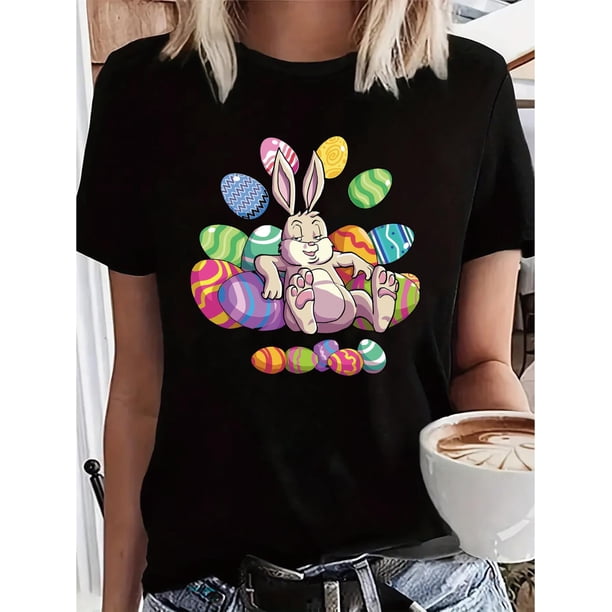 Camiseta extragrande con diseño de conejo de Pascua para mujer: cuello redondo, manga corta, top informal de verano, talla grande, mezcla de algodón y elastano, lavable a máquina. Para adultos, hombre