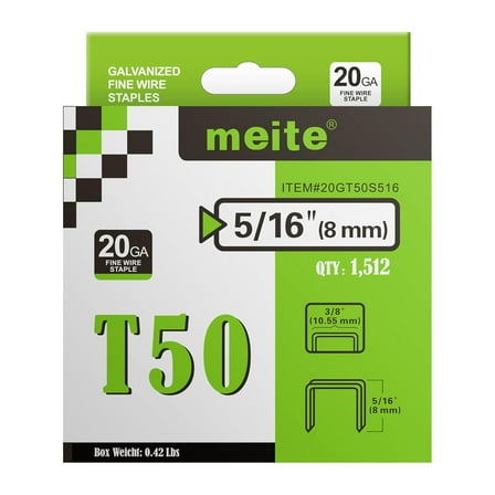 1,512 PCS MEITE T50 Staples, 5/16 Inch Length, Galvanized 20 Gauge 3/8 Inch Crown Staple for Upholstery