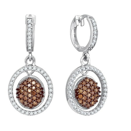 10kt White Gold Womens Round Cognac-brown Colored Diamond Oval Frame Dangle Earrings 3/4 Cttw = .75 Cttw (I3 Clarity, round