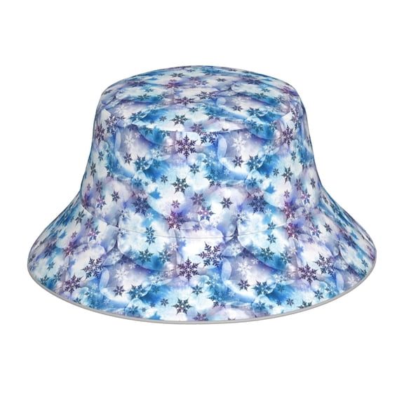 KLL Icy Blue Snowflakes Bucket Hat for Women Men Packable Travel Beach Sun Hat Outdoor Rave Accessories Reflective Fisherman Cap