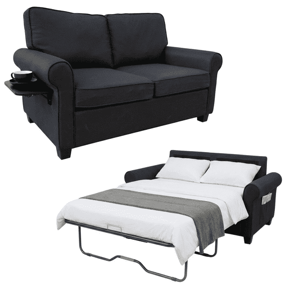IDEK Pull Out Sofa Bed, 2-in-1 Convertible Loveseat Sleeper Couch with Side Pockets, Black