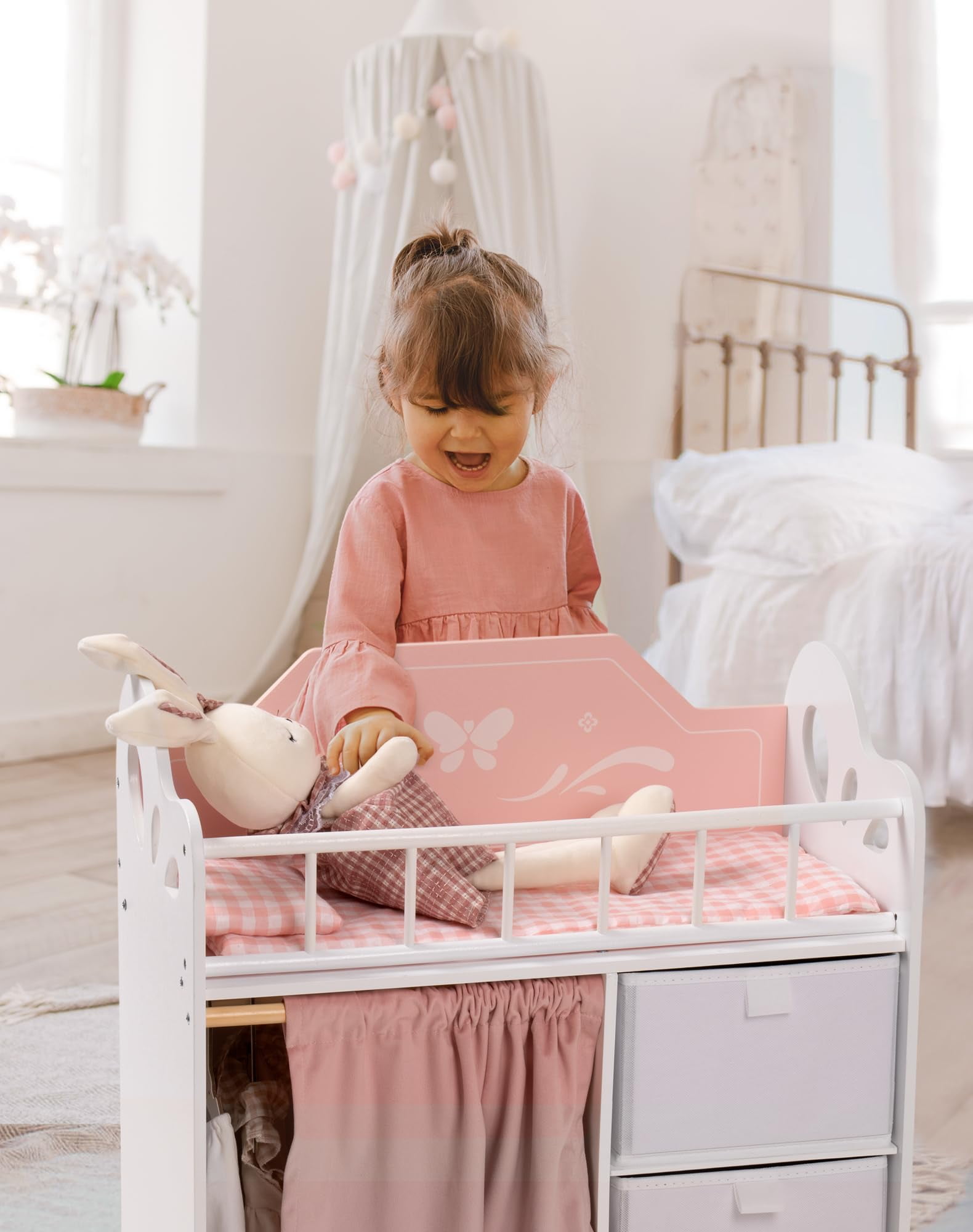 Robud Victoria Doll Crib Wooden Baby Doll Cradle with Storage and Bedding Pretend Play Furniture Toy for Toddlers Girls Pink Walmart
