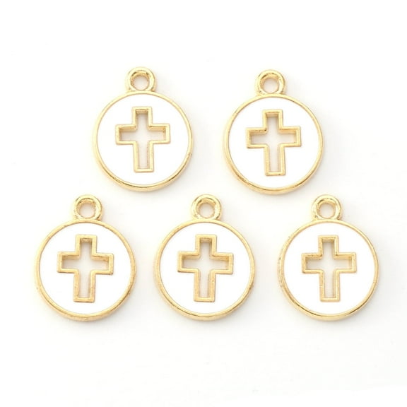 Light golden Plated Alloy Enamel Pendants Flated Round with Cross White 15x12x1.5mm Hole: 1.6mm