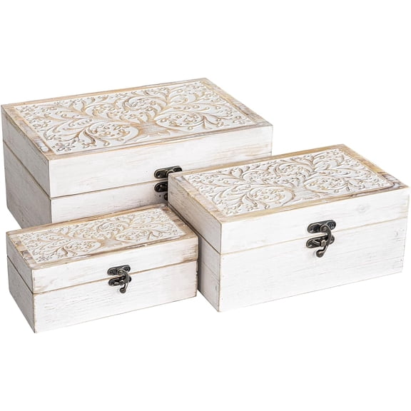 MODE HOME 3 Piece Tree of Life Carved Wooden Keepsake Boxes with Lids, Decorative Storage Boxes for Home Decor, Trinket Box for Jewelry and Memorabilia