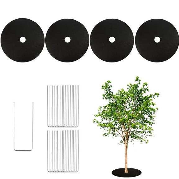 Tutuviw 4Pcs Non Woven Tree Cover Rings, 24 in Tree Protector Weed Fabric Cover (16Pcs Stakes Staples), Apply to Garden Tree Mulch Ring/Tree Ring Mulch Mat/Landscape Fabric (Round Black)